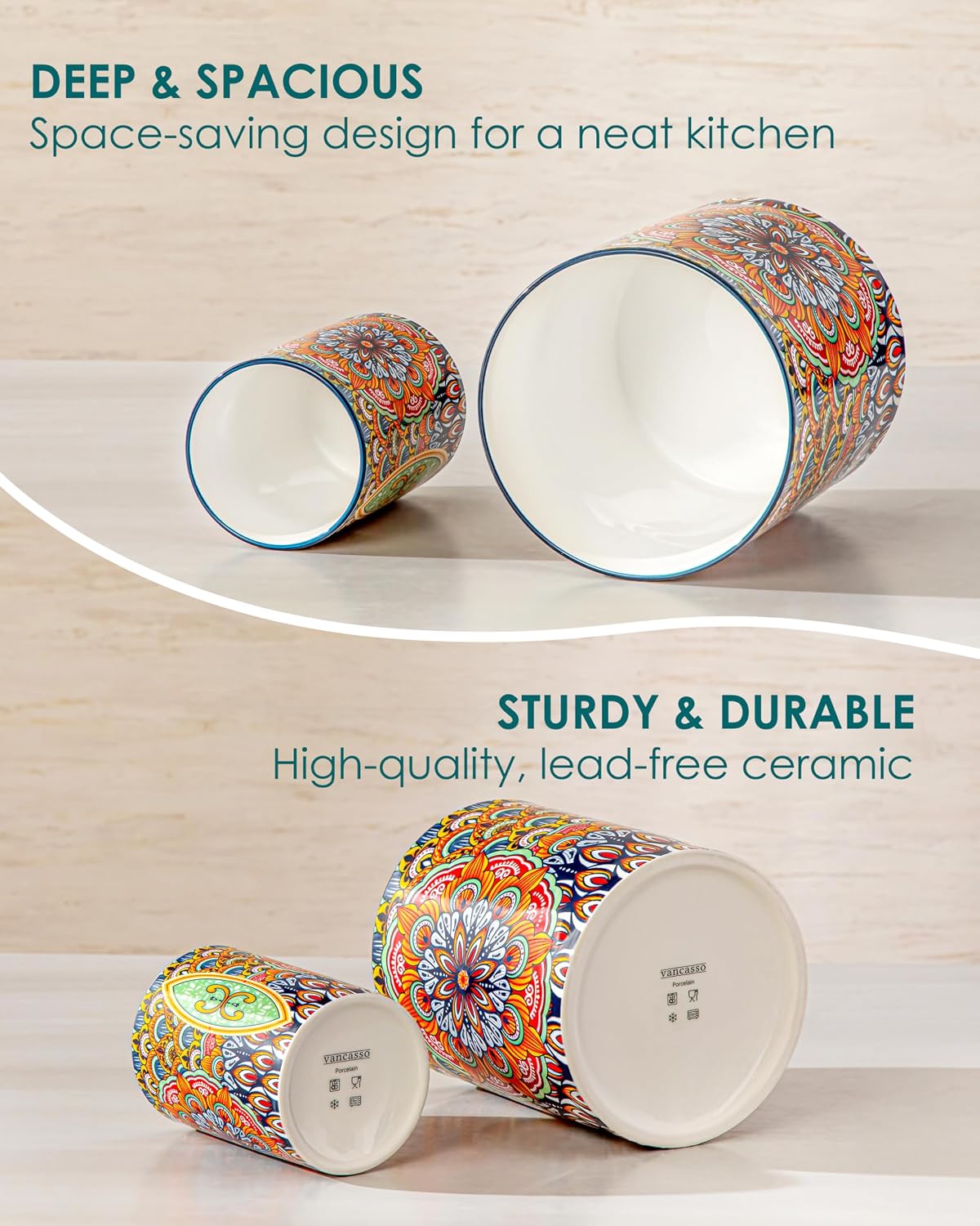 vancasso SIMI Utensil Holder, 7.3"+5.5" Porcelain Kitchen Utensil Holder for Countertop, Bohemian Kitchen Utensil Organizer for Spatulas, Spoons, Ladles, Decorative Counter Utensil Crock, Regal Bloom