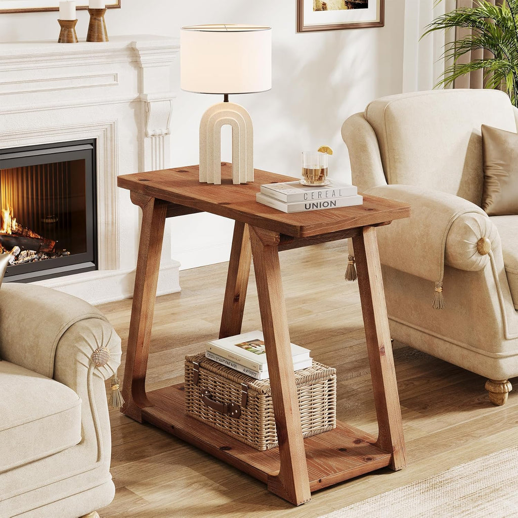 Solid Wood End Table for Living Room, 2-Tier Narrow Rustic Side Table, Rectangle Farmhouse Nightstand for Bedroom, Easy Assembly, Trapezoidal Base (1, Natural Brown)