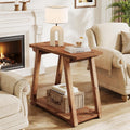 Solid Wood End Table for Living Room, 2-Tier Narrow Rustic Side Table, Rectangle Farmhouse Nightstand for Bedroom, Easy Assembly, Trapezoidal Base (1, Natural Brown)