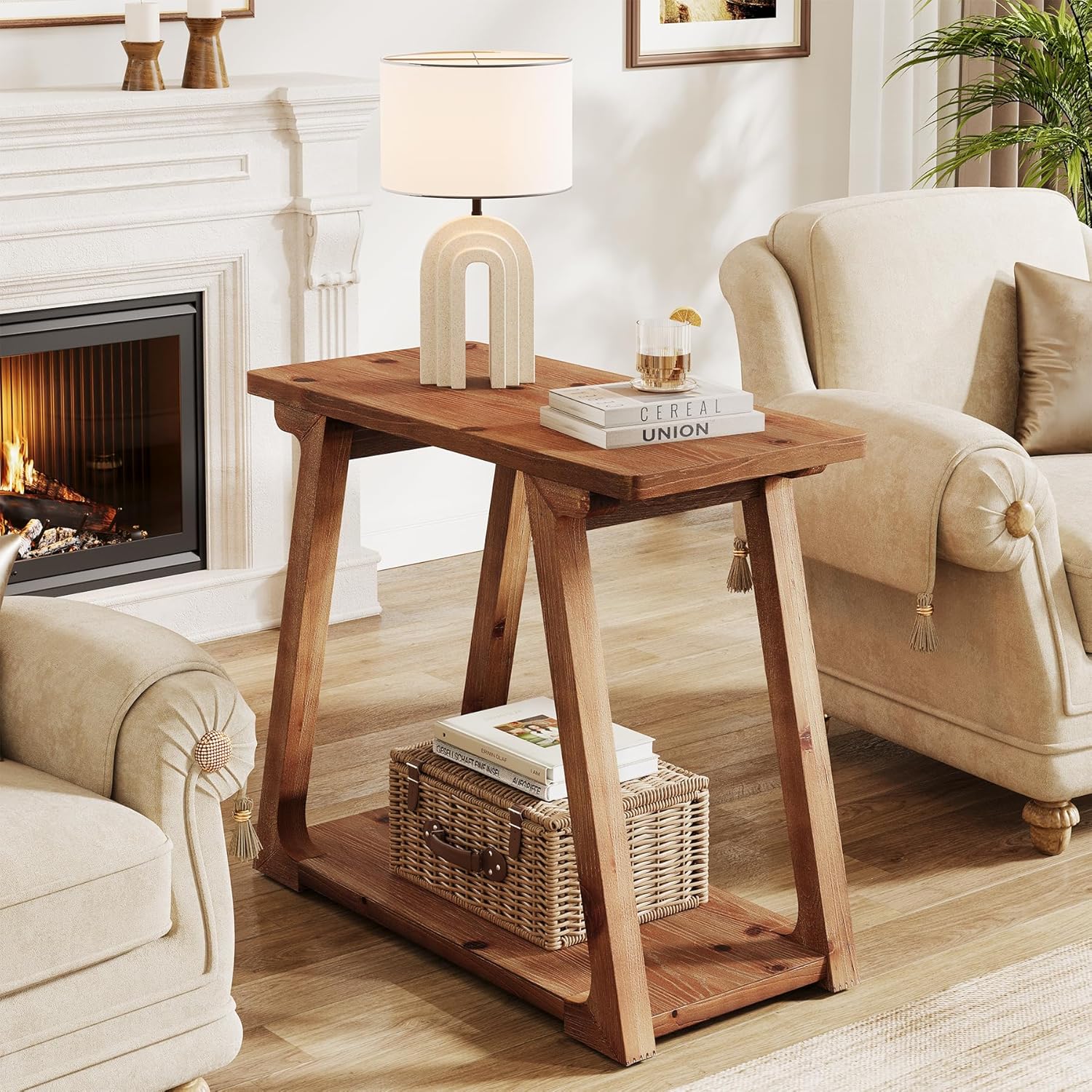 Solid Wood End Table for Living Room, 2-Tier Narrow Rustic Side Table, Rectangle Farmhouse Nightstand for Bedroom, Easy Assembly, Trapezoidal Base (1, Natural Brown)