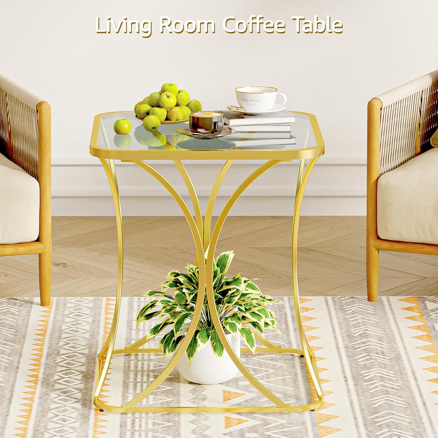 19.68" Square End Table with Tempered Glass Top, Stylish X-Shaped Metal Frame, Living Room Coffee Table, Sofa Side Table, Accent Tables for Small Spaces, Modern Bedside Table (Gold)