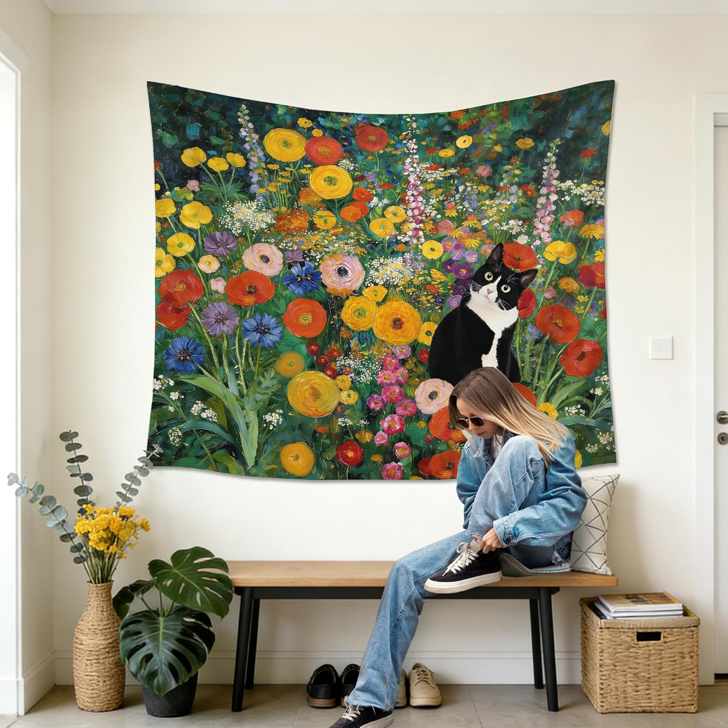 gsgfdshf Gustav Klimt Inspired Tuxedo Cat Wall Tapestry, Cat Room Decor, Colorful Floral Black and White Kitty Tapestry Wall Hanging for Bedroom Living Room Home Decor, 50x60 Inch