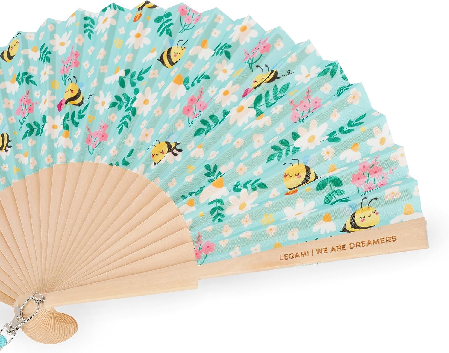 Legami - ¡Que Calor! Folding Fan, Bee Theme, Matching Removable and Adjustable Lanyard, Polyester, Wooden Handle, 3.5 x 23 cm