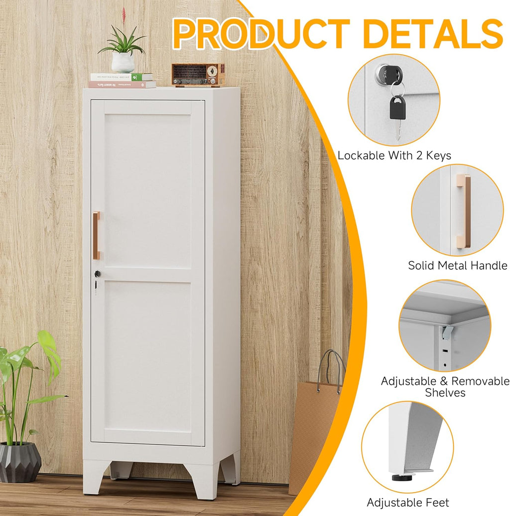46"H White Metal Locker with 1 Lockable Door and 2 Adjustable Shelves For Employees,3 Tier Small Storage Cabinet with Detachable Legs and Vintage Handle for Kitchen, Office,School,Gym,Easy Assembly