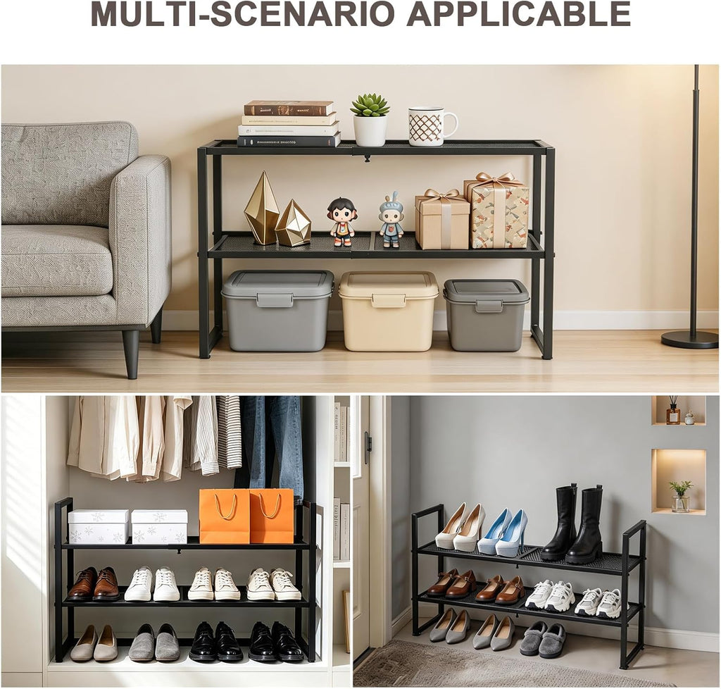 Expandable Shoe Rack,2 Tier Adjustable Metal Shoe Shelf for Closet,Sturdy Free Standing Shoe Storage for Door Entrance,Bedroom,Small Spaces,Black