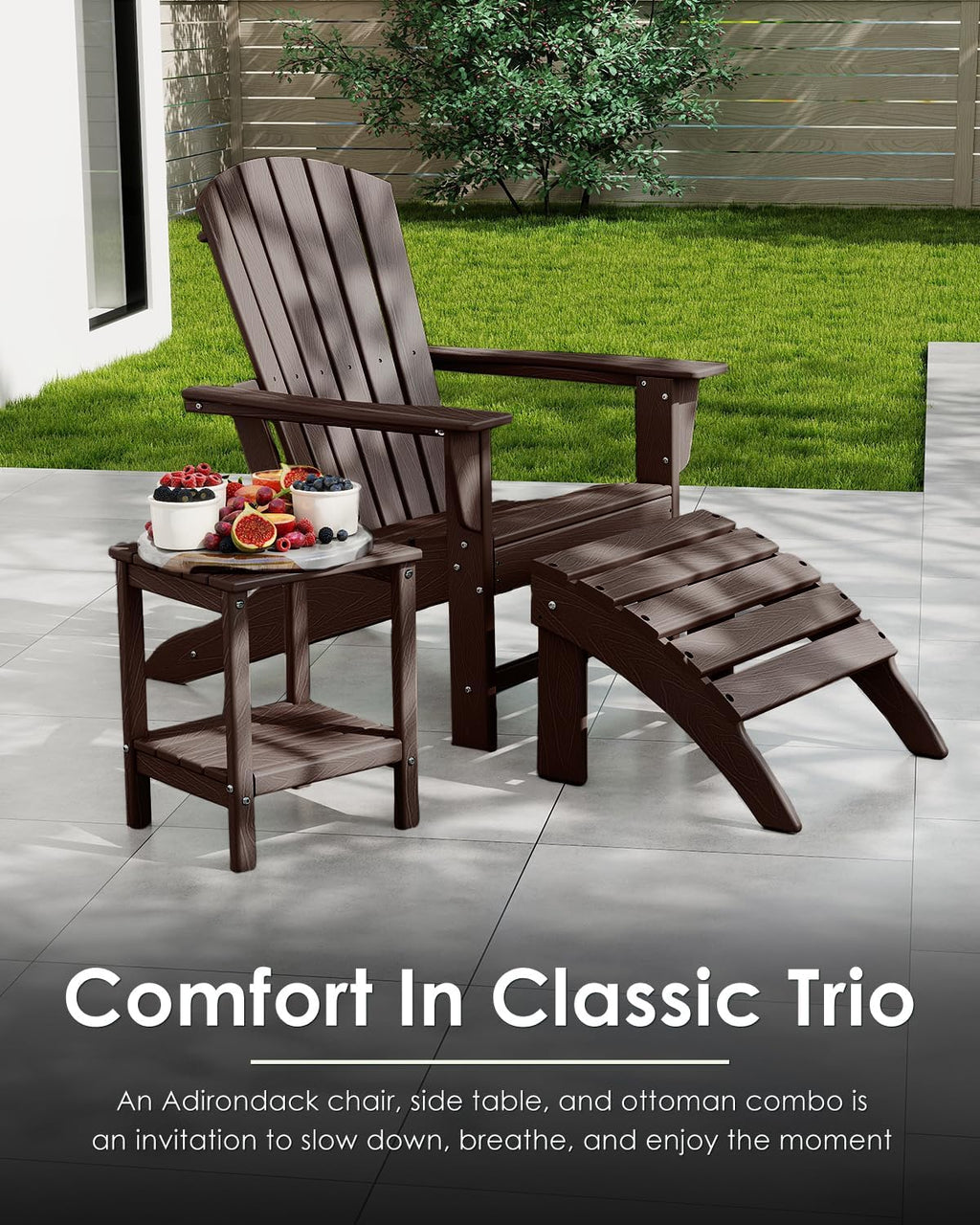 GREENVINES Adirondack Chairs Set of 6 | Wood Grain HDPE Plastic | Oversized Fire Pit Chair | All Weather | Dark Brown | Poly Lumber | for Outdoor Deck Backyard Patio Garden