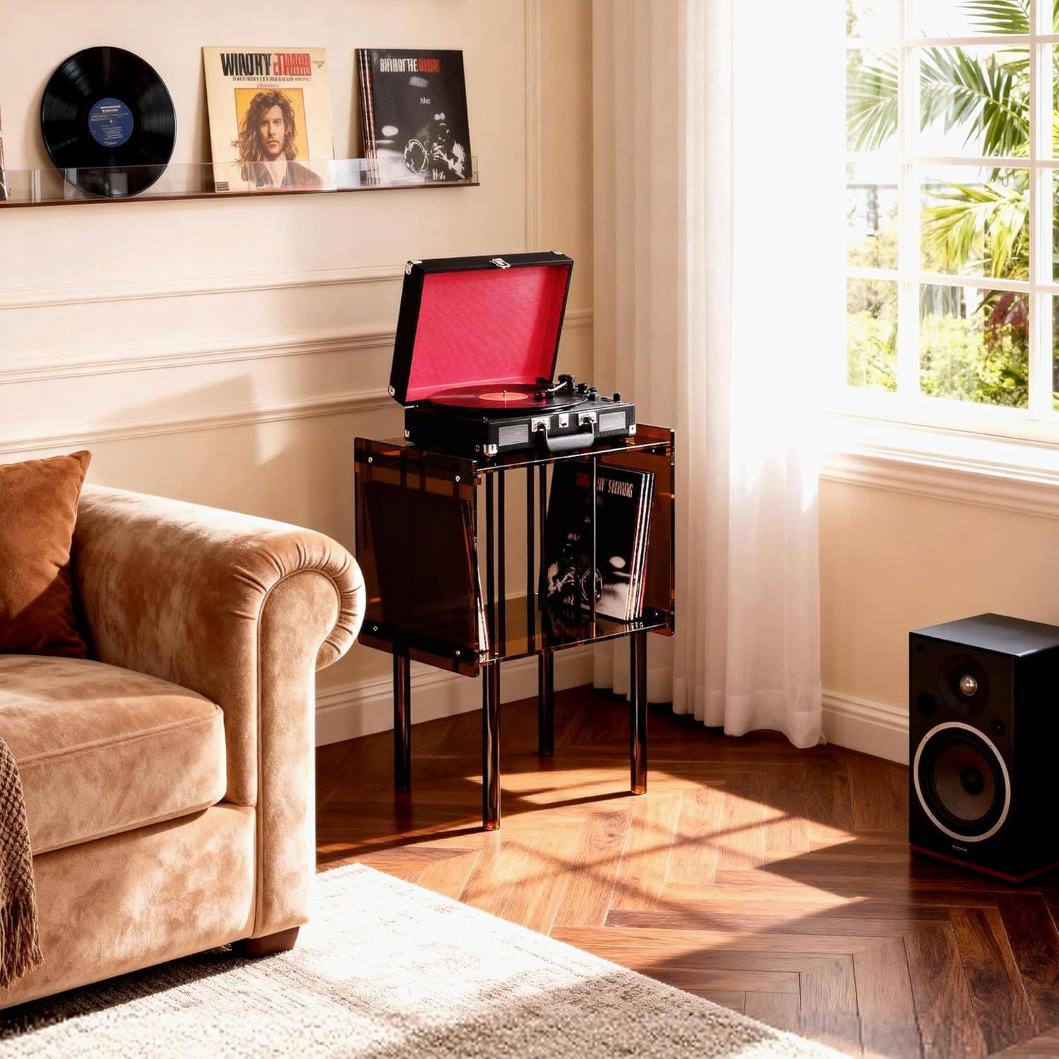 Acrylic Record Player Stand, with Vinyl Storage, Clear Acrylic Side Table, 18.1'' x 14.6'' x 26.1'' (Dark Brown)