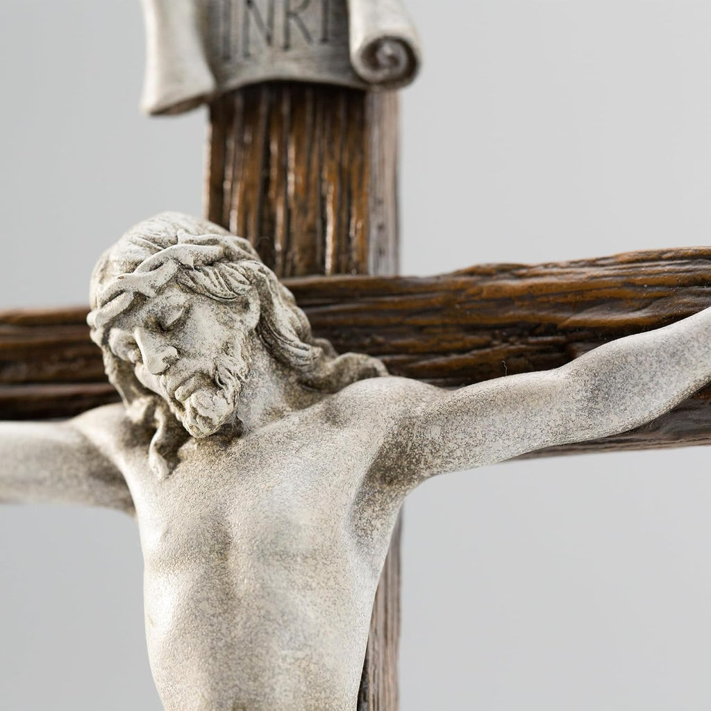 DevotedWalls Standing Crucifix Wall Cross, Catholic 12" H Crucifixion of Jesus Christ Scene Statue with Virgin Mary,Tabletop Cross for Easter(Stone Color)