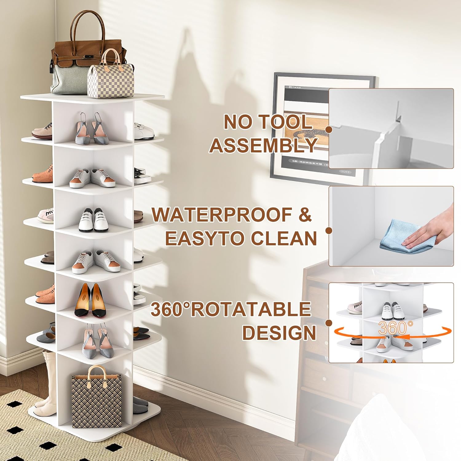 Rotating Shoe Rack Tower, Spinning Shoe Rack, Free Standing 360° Revolving Shoe Organizer, High Bottom Design Shoe Tower Spinning Storage Lazy Susany (7-Tier)
