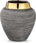Rustic Ceramic Vase with Gold Rim – 9.4" Decorative Flower Vases for Living Room, Dining Table Centerpiece & Shelf Décor – Modern Farmhouse, Boho & Contemporary Home Accents
