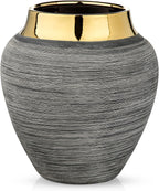 Rustic Ceramic Vase with Gold Rim – 9.4" Decorative Flower Vases for Living Room, Dining Table Centerpiece & Shelf Décor – Modern Farmhouse, Boho & Contemporary Home Accents