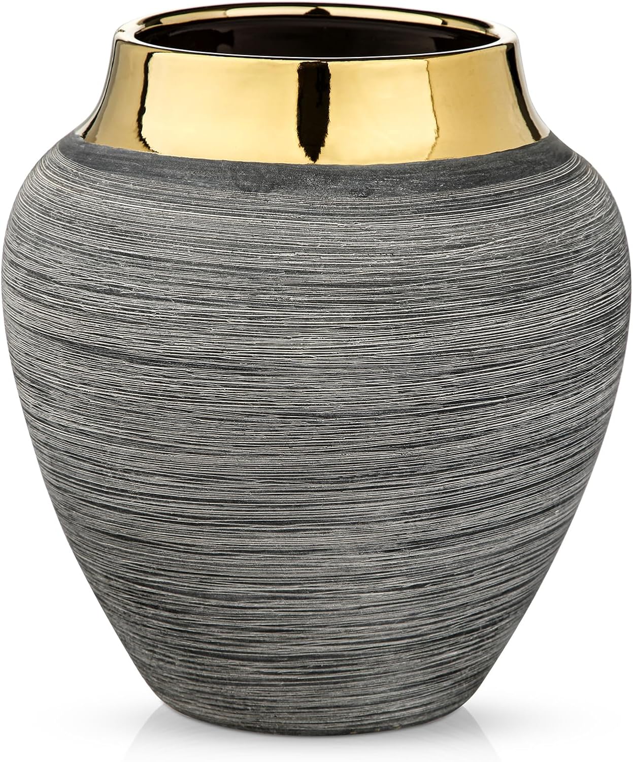 Rustic Ceramic Vase with Gold Rim – 9.4" Decorative Flower Vases for Living Room, Dining Table Centerpiece & Shelf Décor – Modern Farmhouse, Boho & Contemporary Home Accents