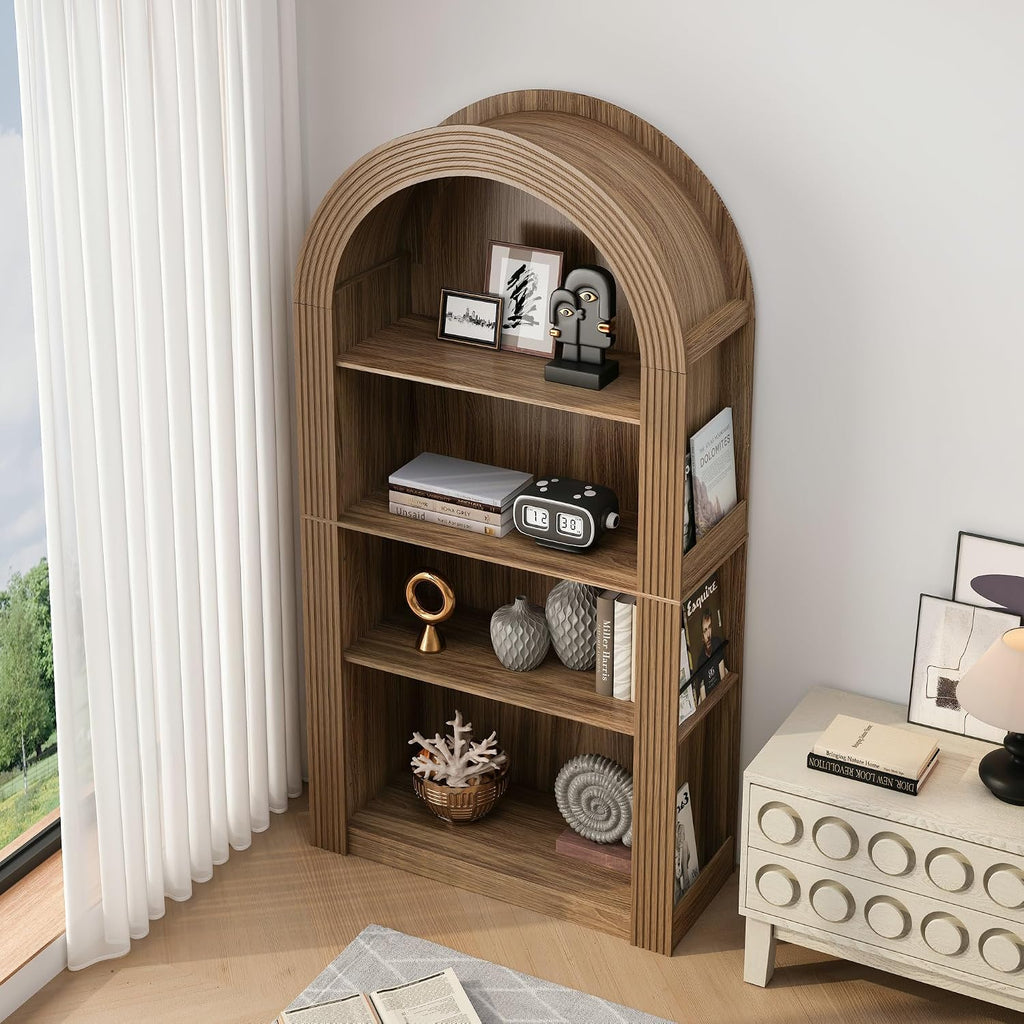LUMISOL Tall Kitchen Pantry Cabinet for Dining Room Living Room, Arched Pantry with Open Display Storage Shelf, Modern Arched Bookcase with 4 Tier Shelf, Brown