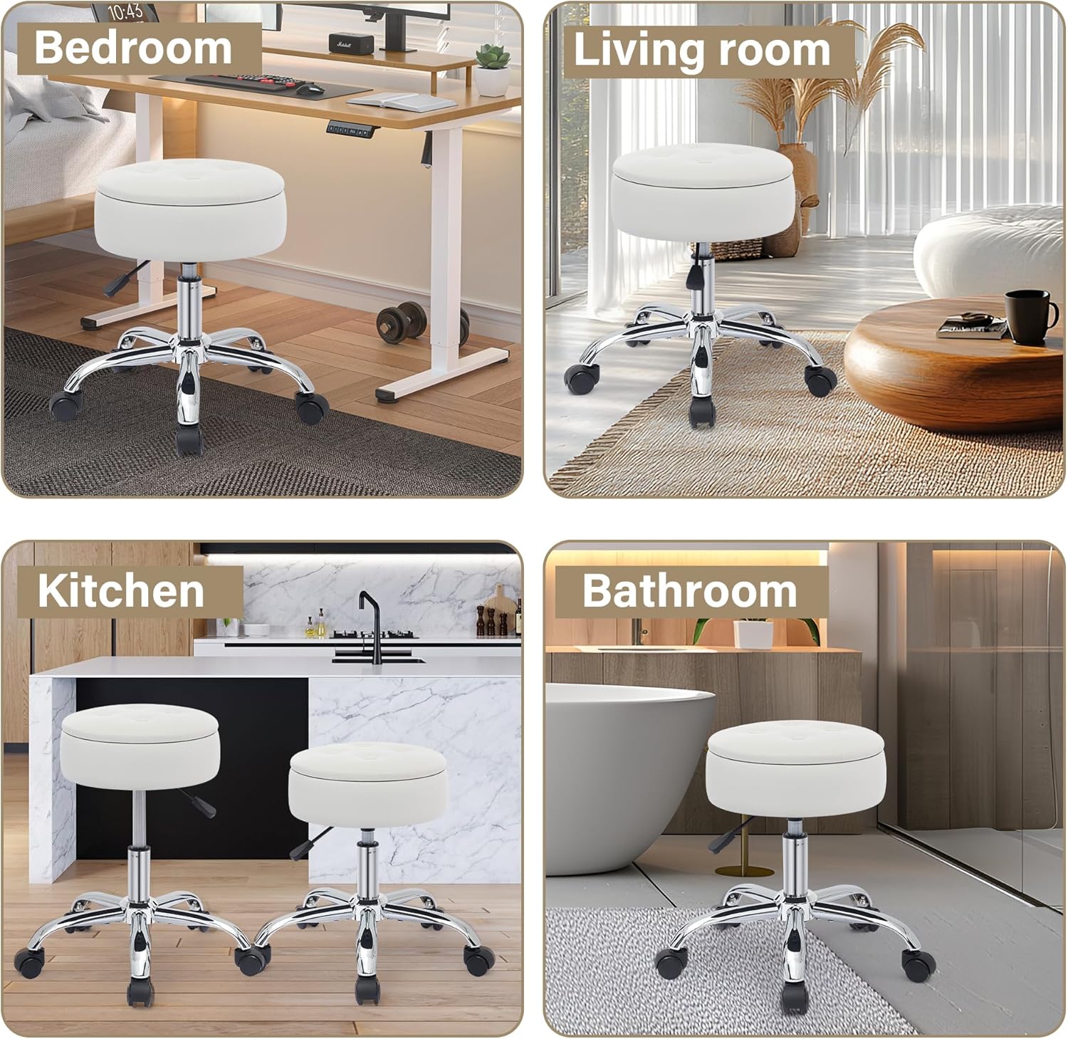 Gitrah Vanity Chair with Wheels Adjustable Vanity Stool with Storage Swivel Vanity Stool for Vanity Rolling Makeup Stool Chair Faux Fur Off White