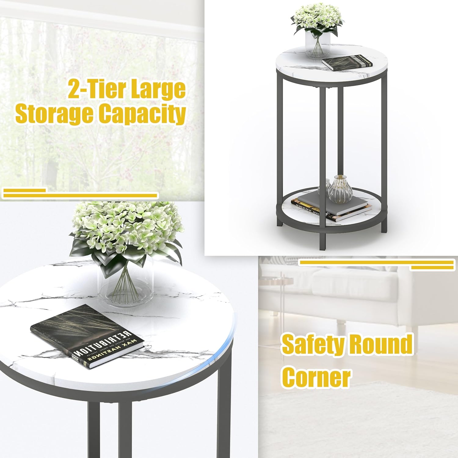 WiberWi Round Side Table Set of 2, Modern Nightstand End Table with Metal Frame &Faux Marble Top, Accent Bedside Table for Living Room Bedroom Small Spaces with Storage Open Shelf,White