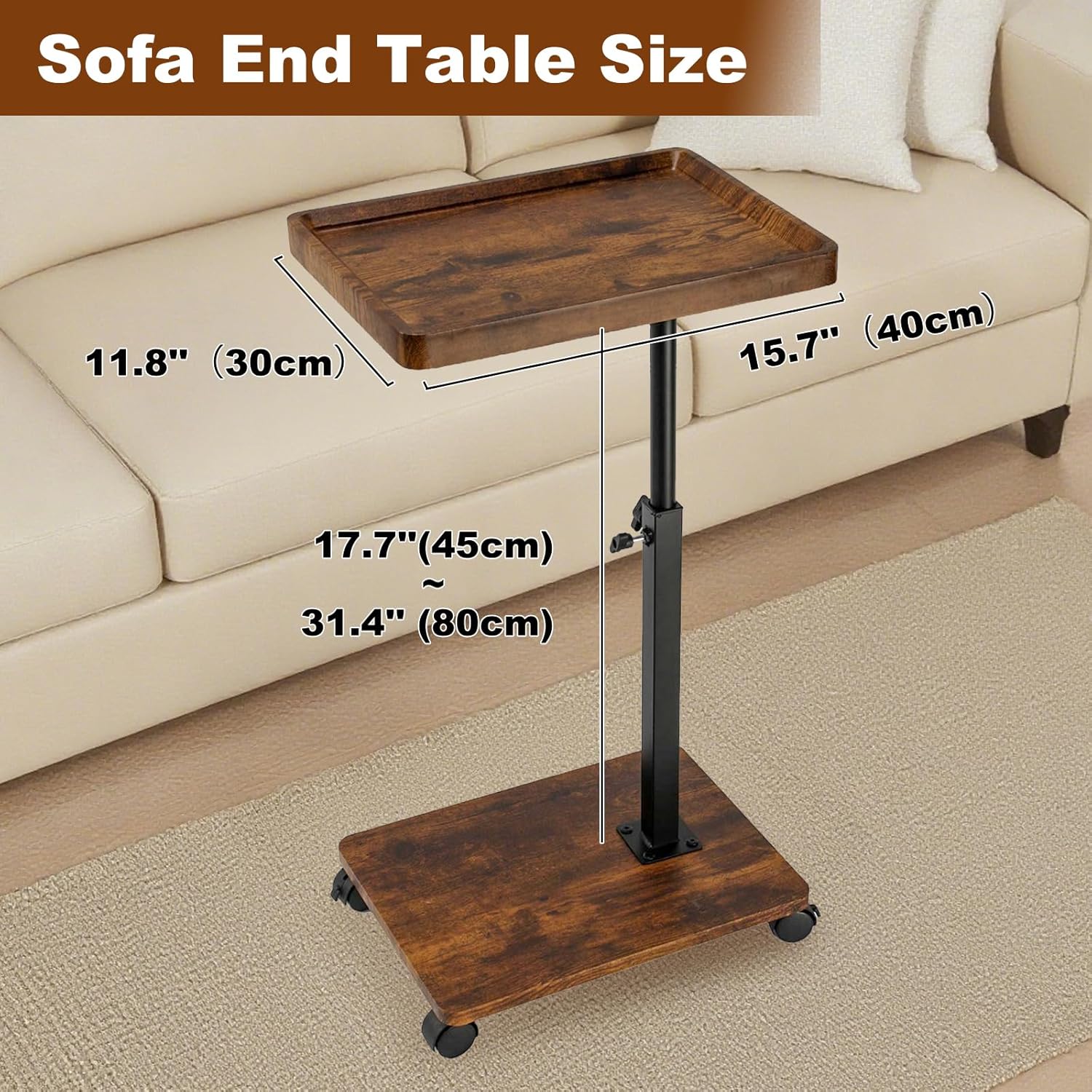 Side Table TV Tray for Couch,Height Adjustable C Shaped End Table for Small Spaces,Bedside Bathroom Living Room (Vintage Brown)