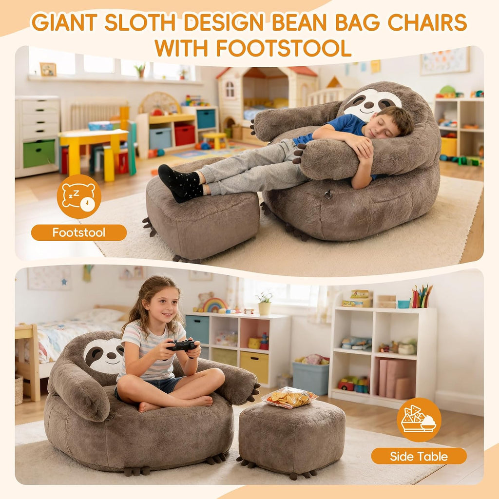 OUTREE Kids Sofa, Giant Sloth Design Bean Bag Chairs for Adults Teen with Sensory Needs, Adjustable Plush Armrest Like a Huggable, Soft Floor Sofa with Footstool‌ for Reading, Relaxing in Living Room