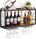 Wall Mounted Wine Rack, Floating Bar Shelf with 2 Tier Wood Shelves and Wine Glass Holder, Rustic Industrial Wine Storage Organizer for Kitchen Dining Room Home Bar (Model B)