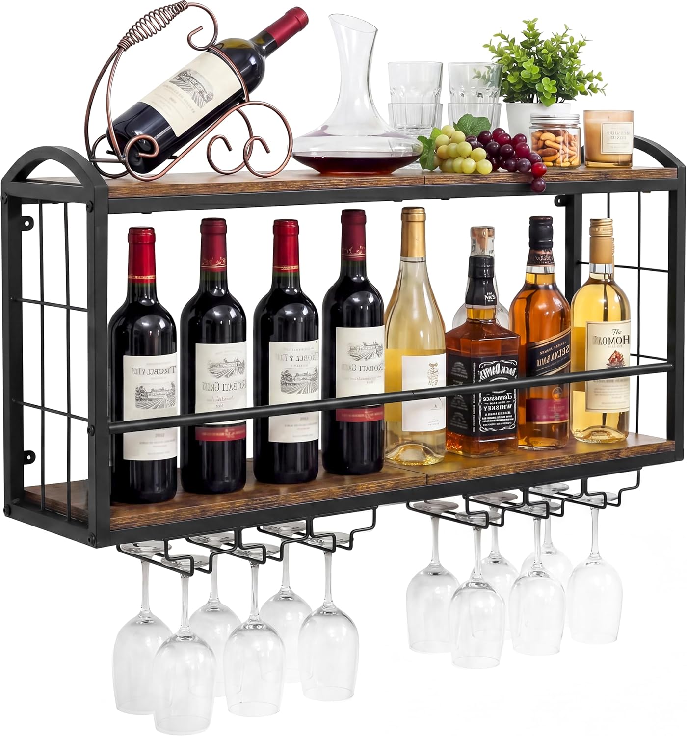 Wall Mounted Wine Rack, Floating Bar Shelf with 2 Tier Wood Shelves and Wine Glass Holder, Rustic Industrial Wine Storage Organizer for Kitchen Dining Room Home Bar (Model B)