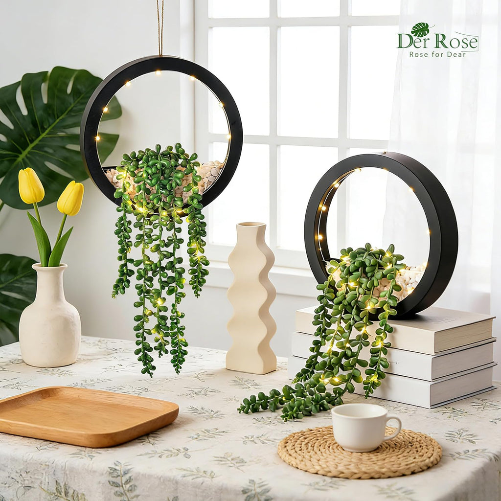 Der Rose 2 Pack Lighted Hanging Plants, Artificial String of Pearls Succulents with Warm LED Lights, Aesthetic Fake Plants for Black Bathroom Bedroom Living Room Wall Decor, Party & Gift for Women