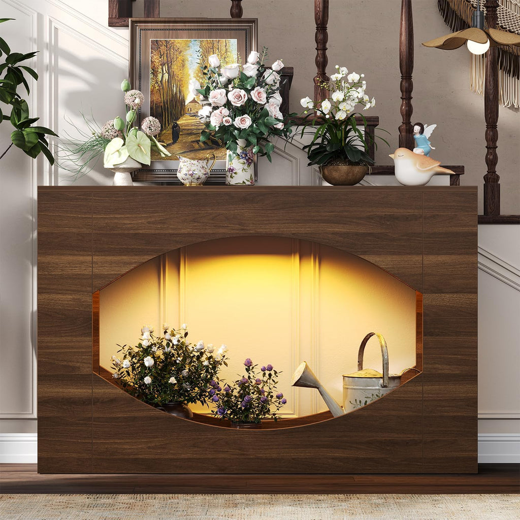 Farmhouse Console Table with LED Lights, 47 Inches Entryway Table with Open Storage, Modern Wood Couch Table Behind Sofa, Narrow Accent Entrance Table for Living Room, Hallway, Foyer,Rusitc Brown