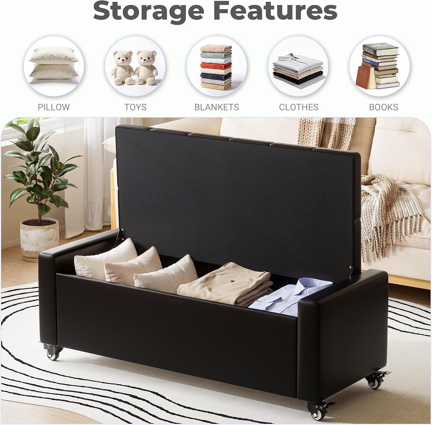 50” Ottoman Bench with Storage, Upholstered Faux Leather End of Bench for Bedroom, Load up to 660 lb, Fixed Base & Movable Swivel Wheels，Rectangular Tufted Entryway with Safety Hinge (Black)