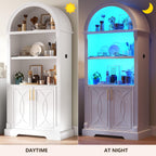 Vlsrka 71" Tall Arched Cabinet, Kitchen Pantry Cabinets, Arched Bookshelf/Bookcase,China Cabinet, Wood Kitchen Storage Cabinets with Open & Adjustable Shelves, Induction 3 Color Lights, White