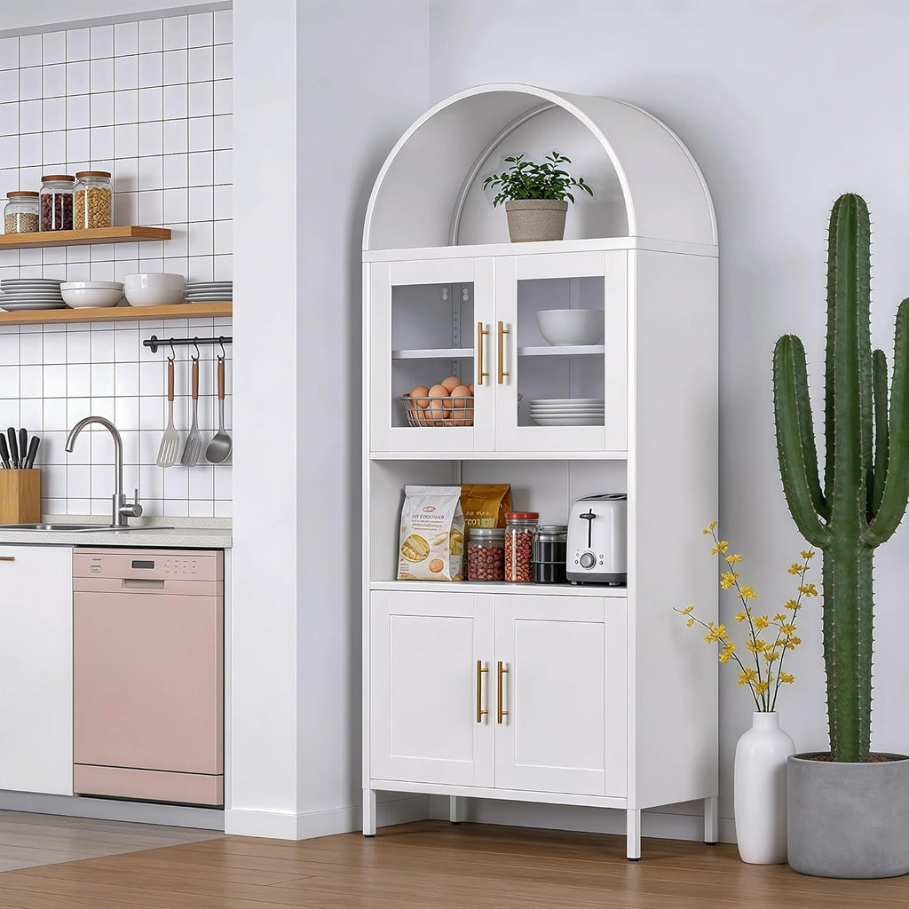 VEXPOR 73" Tall Arched Kitchen Pantry Cabinet with Doors, Metal Hutch Cabinet for Kitchen, Dining Room, Living Room, Assembly Required, White