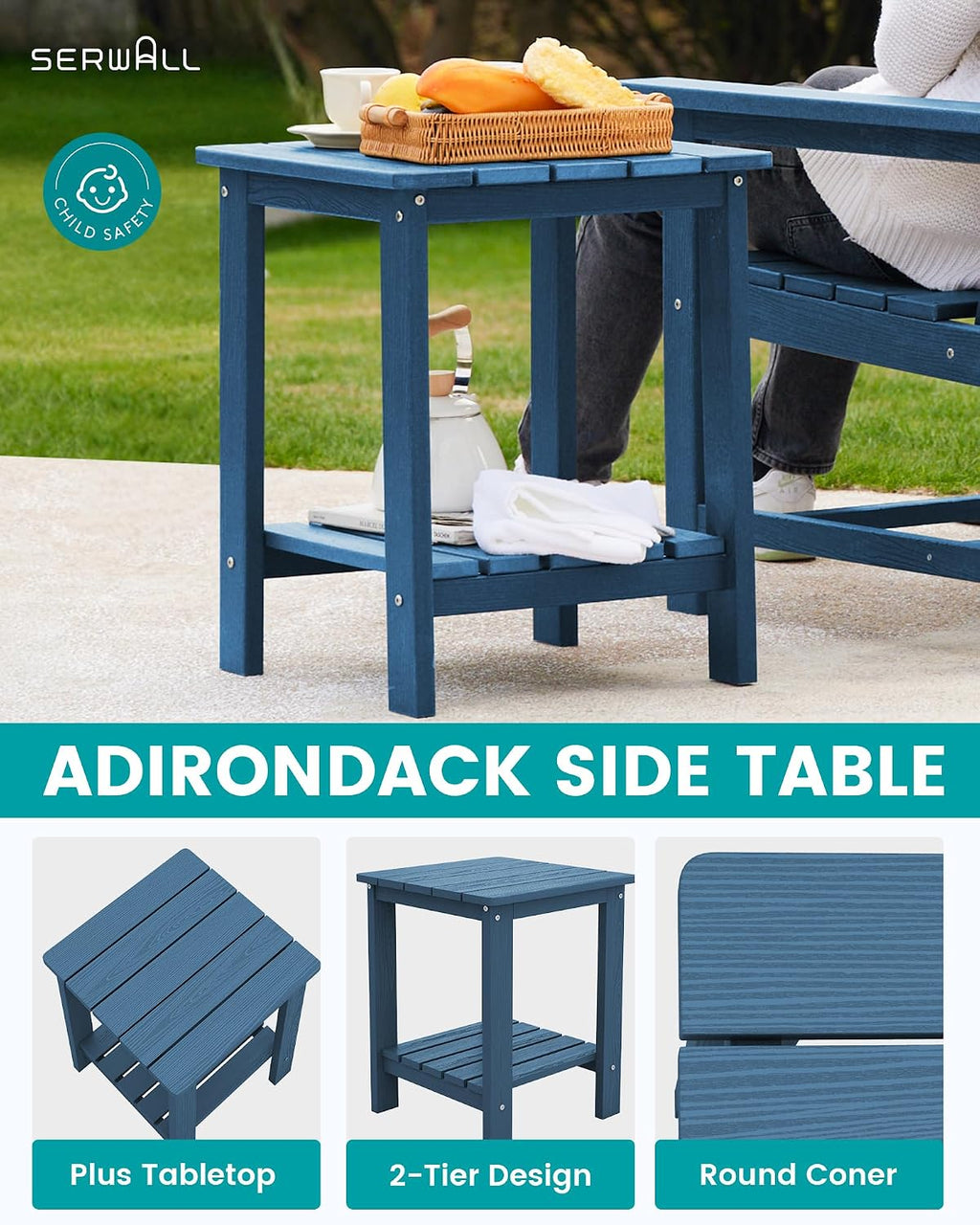 SEWRWALL 3 Pieces Patio Bistro Set, All Weather Adirondack Chair Set with Side Table, HDPE Material Outdoor Patio Furniture Set for Balcony, Porch, Garden, Backyard- Navy