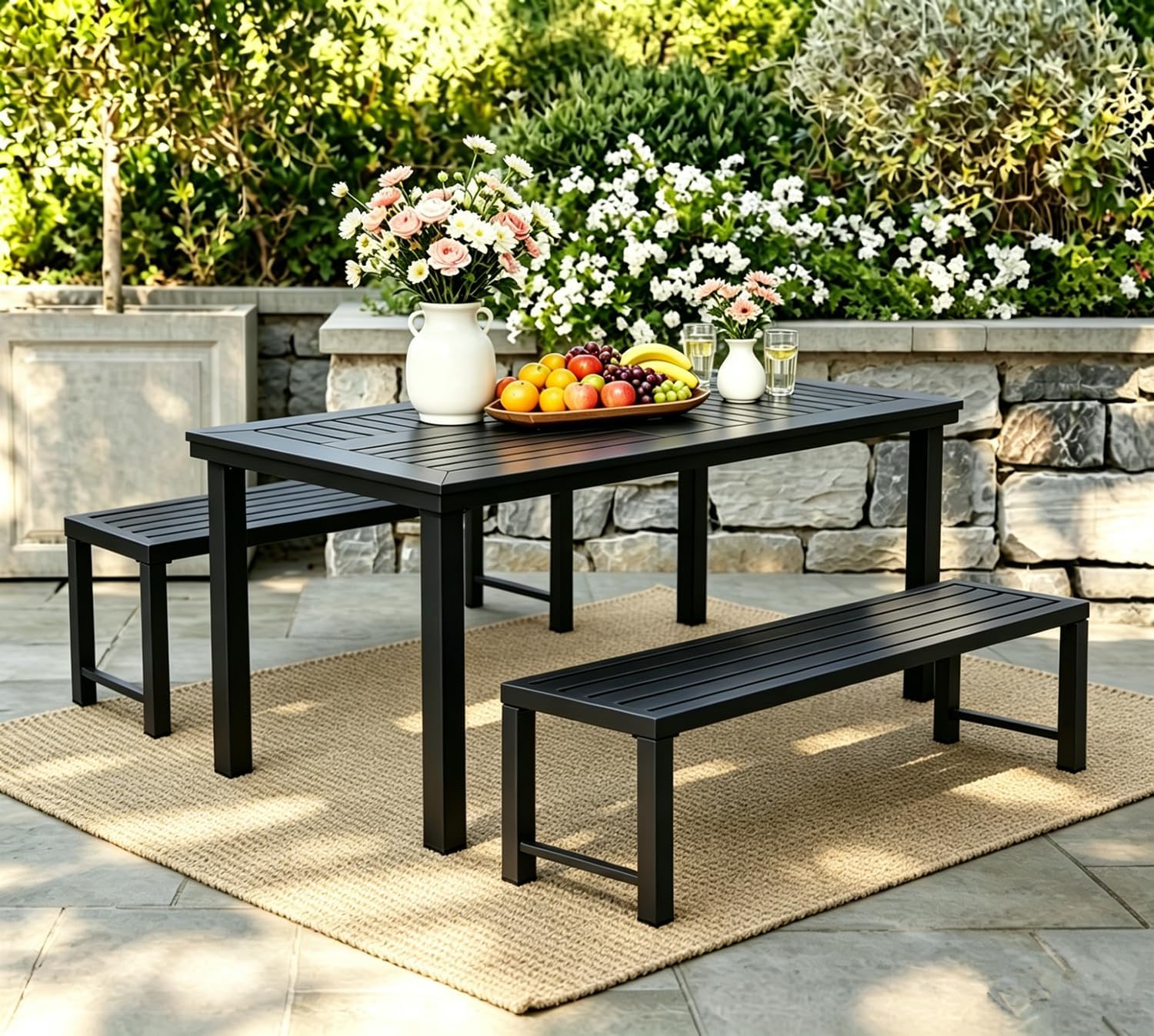 Black Outdoor Bench, Outdoor Metal Backless Bench Set of 2, 46" Patio Garden Bench for Outdoor, All Wheather Outdoor Bench for Garden, Backyard, Porch, Black