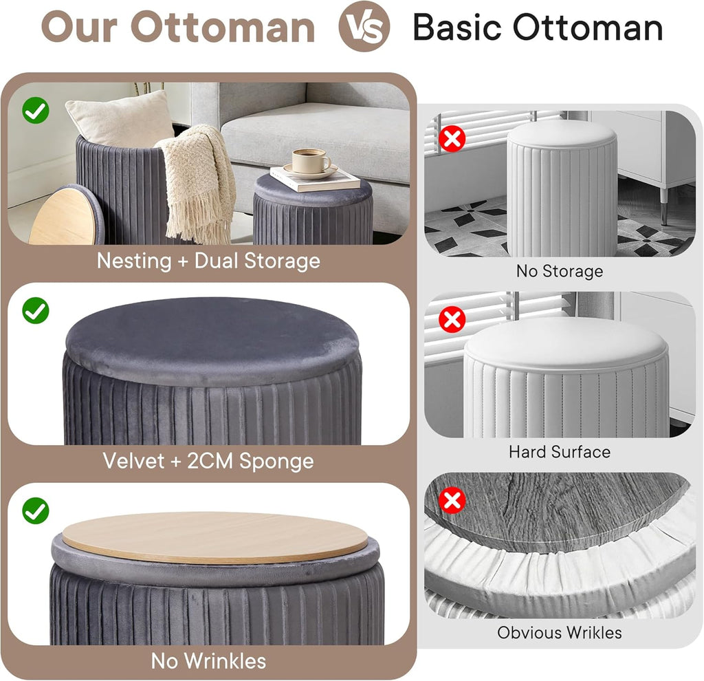 DUMOS Round Ottoman with Storage Set of 2, Vanity Stool Chair with Storage, Makeup Cute Soft Small Footstool Modern Style Coffee Table, Small Velvet Foot Stool for Living Room Bedroom Dorm, Deep Grey