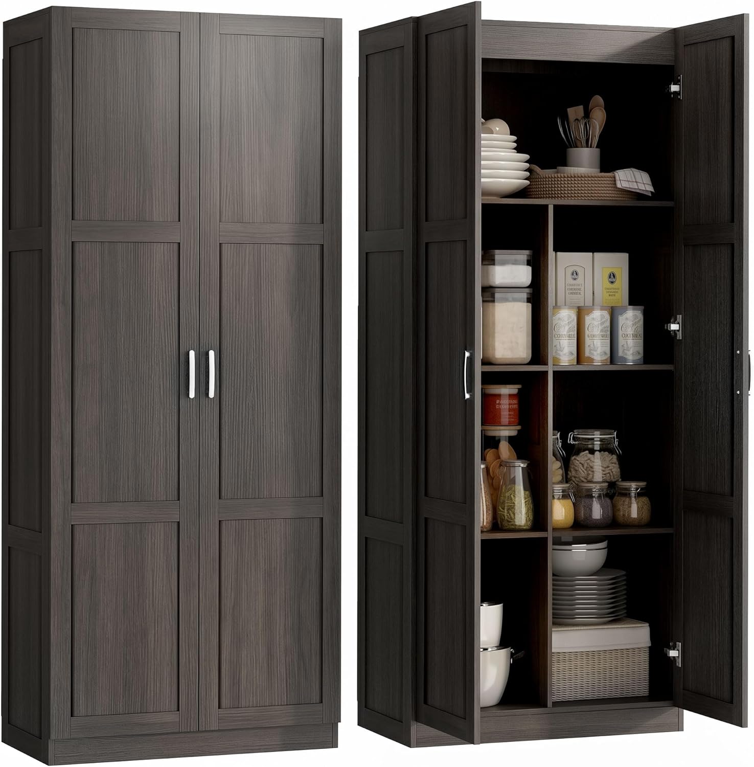 HOMCOM 71" Tall Kitchen Pantry Cabinet, Large Multipurpose Storage Cabinet with 4 Adjustable Shelves, Modern Farmhouse Freestanding Food Pantry with Framed Doors & Soft-Close Hinges, Espresso