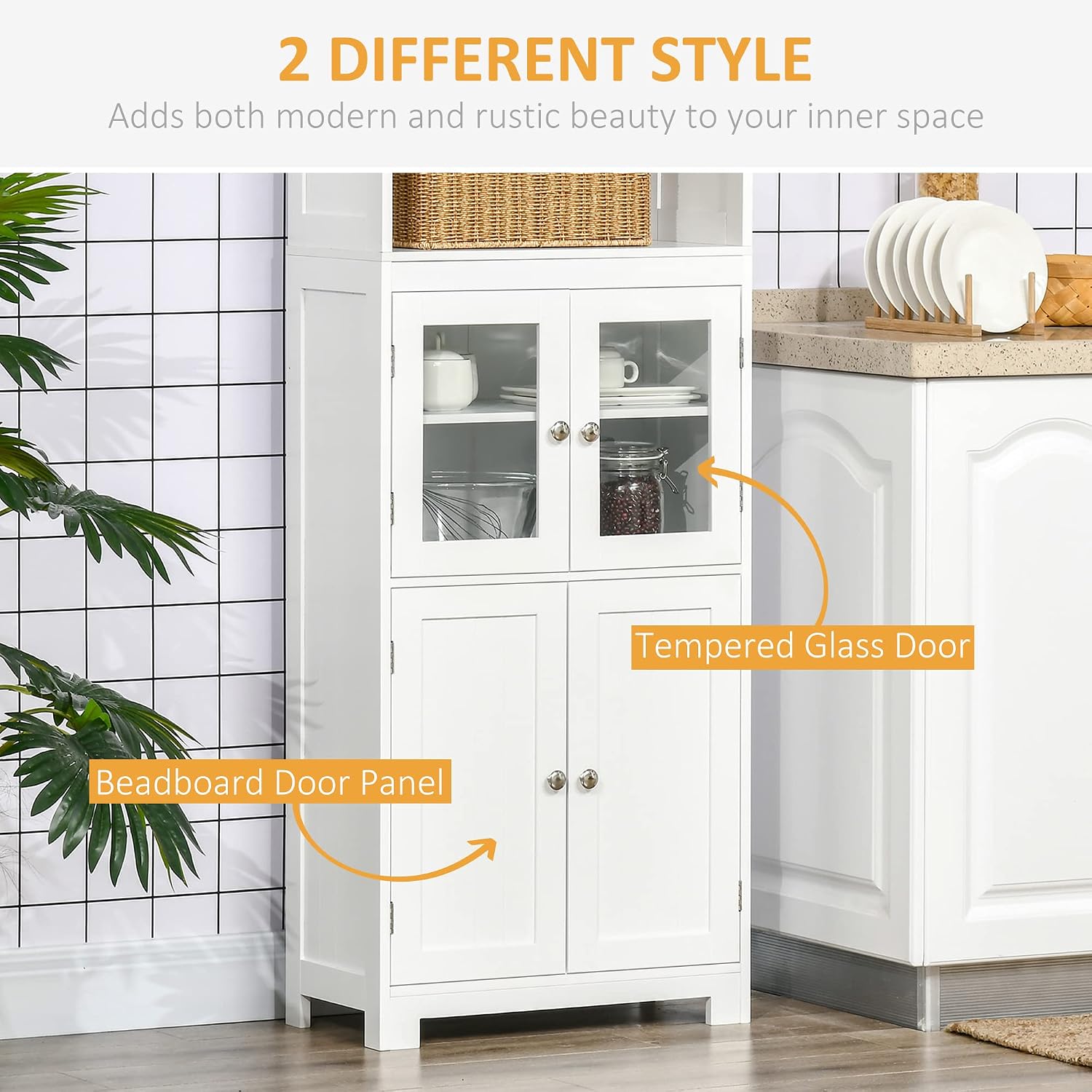 63" Small Buffet with Hutch, 4-Door Kitchen Pantry, Freestanding Storage Cabinet with Adjustable Shelf for Dining Room, Living Room, White,11.75 * 23.5 * 63.75