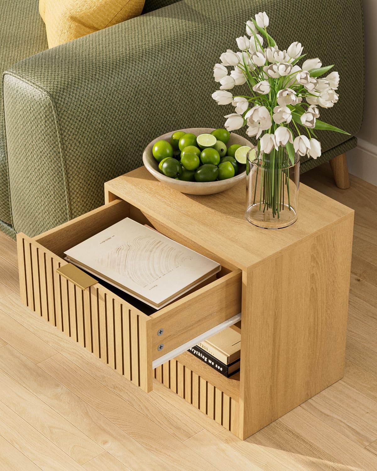 Small Nightstand, Modern Night Stand, Bedside Table with Drawer and Open Shelf, Cube Design, Small Side Table for Bedroom, Living Room, Oak