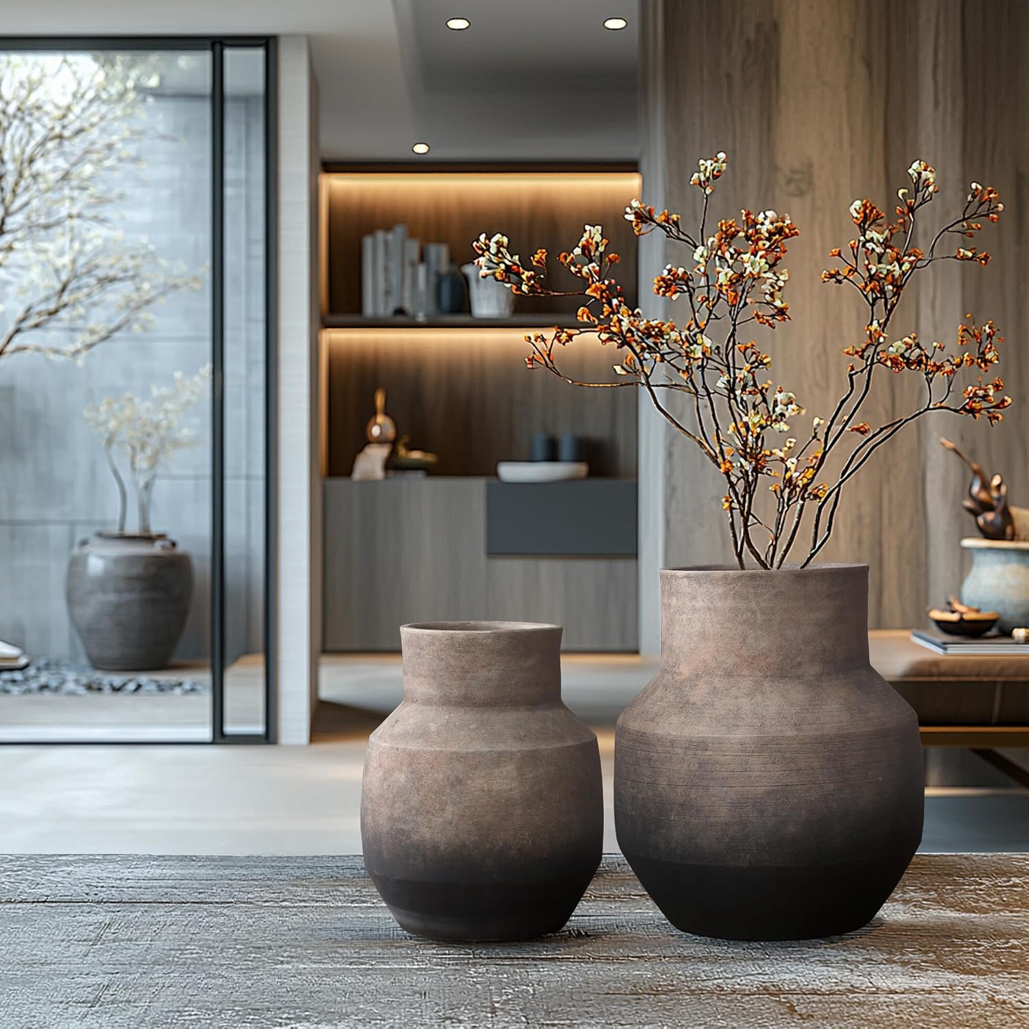 LuxenHome Round Ceramic Flower Vase, 13 Inch Brown Terracotta Vases, Vintage Large Pottery for Living Room Decor Entry Way Table Home Decor, Rustic Pottery