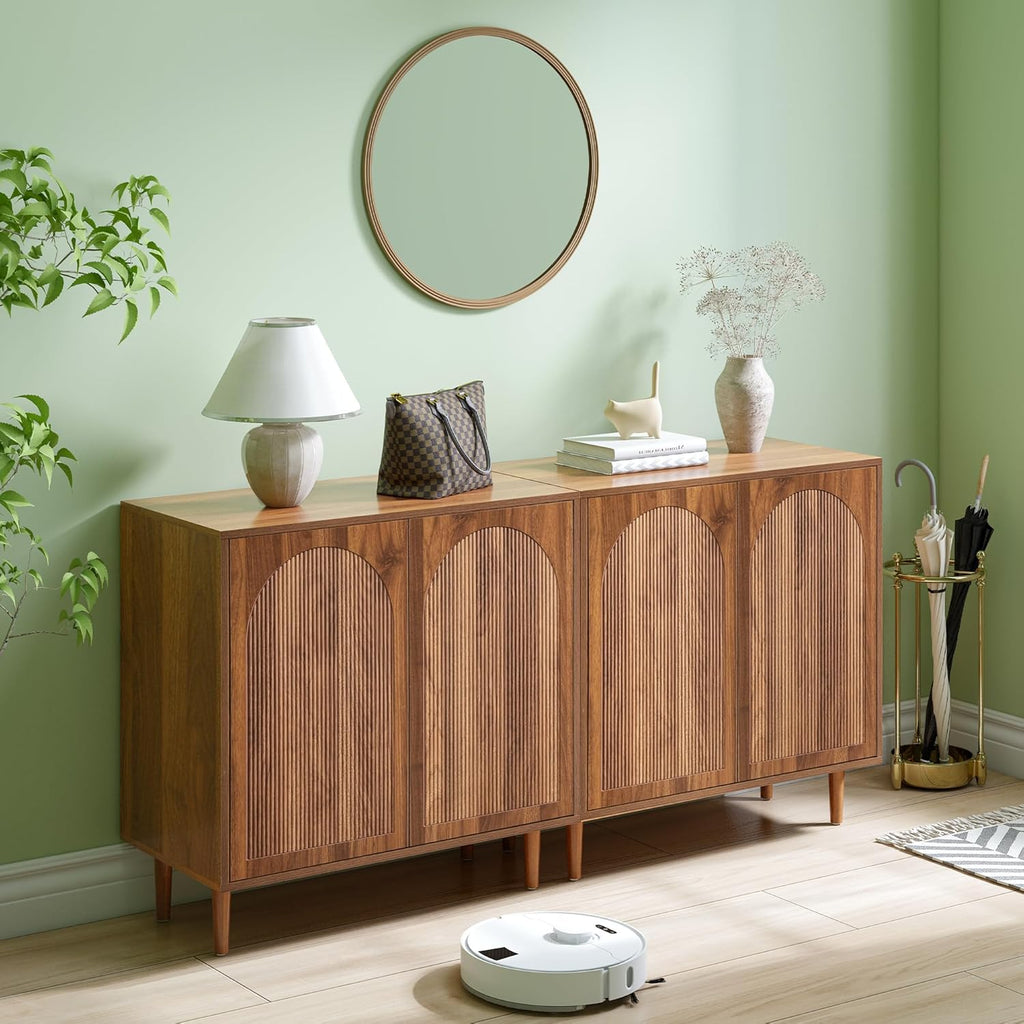 Bifins 94.5” Fluted Sideboard Buffet Cabinet with Storage,Mid Century Modern Long Wood Storage Cabinet with Arched Profile for Dining Room Kitchen Living Room