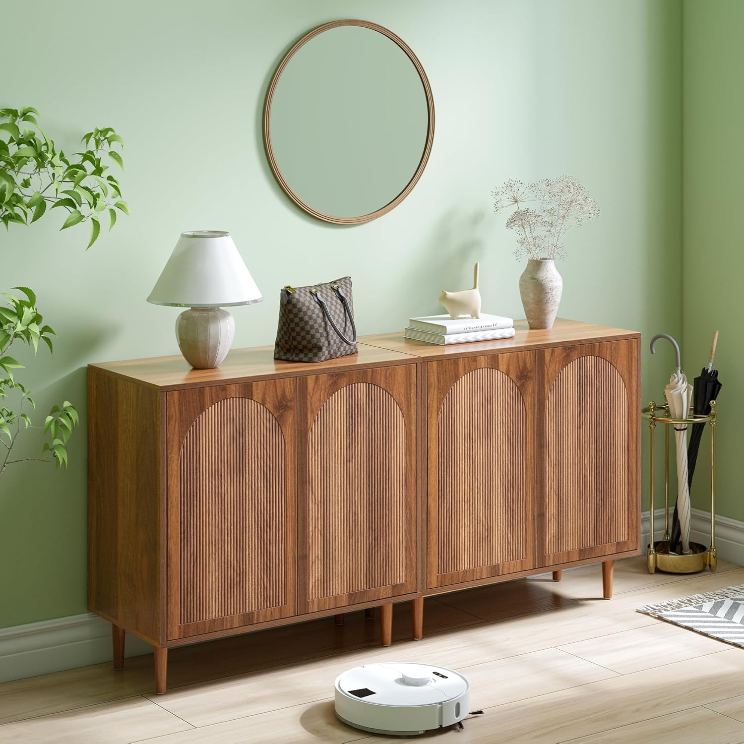 Bifins 94.5” Fluted Sideboard Buffet Cabinet with Storage,Mid Century Modern Long Wood Storage Cabinet with Arched Profile for Dining Room Kitchen Living Room
