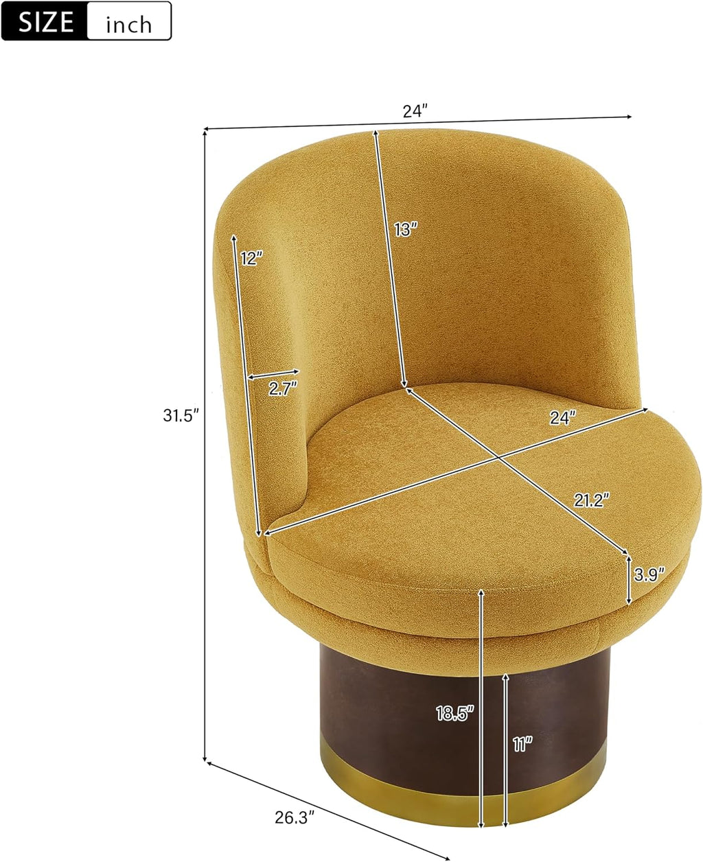 Swivel Accent Chair with 360° Rotation, Round Barrel Chair Upholstered in Soft Chenille Fabric, Ergonomic Comfy Barrel Chair for Living Room, Bedroom, Small Apartment (Yellow)