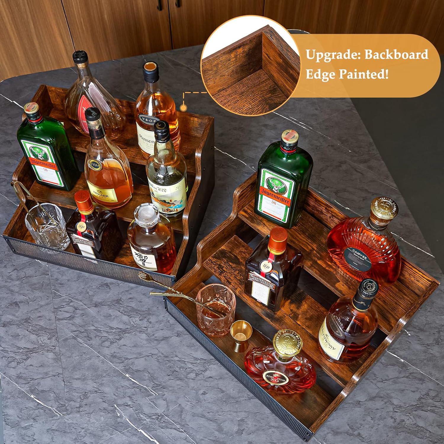 2 Pack 3 Step Countertop Liquor Bottle Display Shelf, Wood Bar Shelves 12 Bottles with Fences, Freestanding Storage Shelves for Liquor Whiskey Wine Coffee Syrup Display, Retro Wine Rack Home