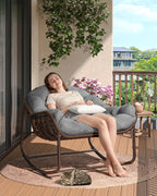 Oversized Papasan Rocking Lounge Chair with Neck Pillow, Hand Woven Rattan Rocker, Heavy Duty Metal Frame Supports 400LBS, Indoor Outdoor Porch Patio Living Room Chair,Gray