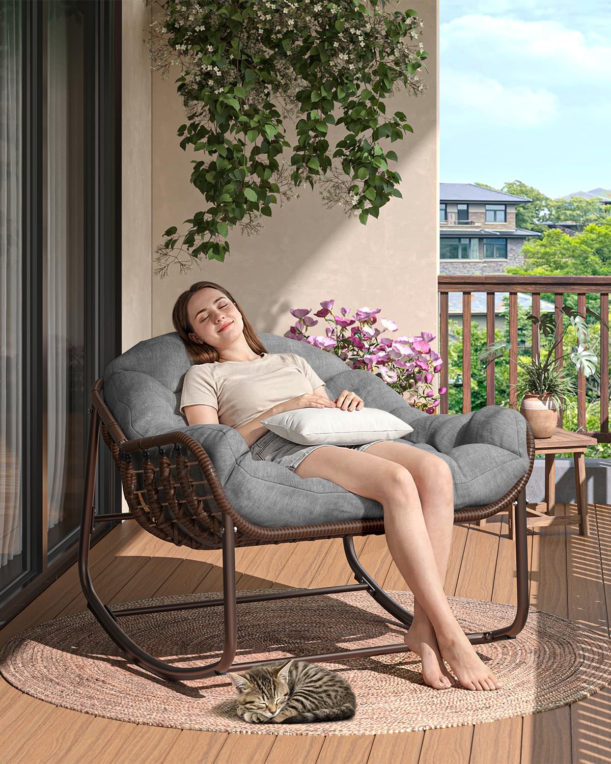 Oversized Papasan Rocking Lounge Chair with Neck Pillow, Hand Woven Rattan Rocker, Heavy Duty Metal Frame Supports 400LBS, Indoor Outdoor Porch Patio Living Room Chair,Gray