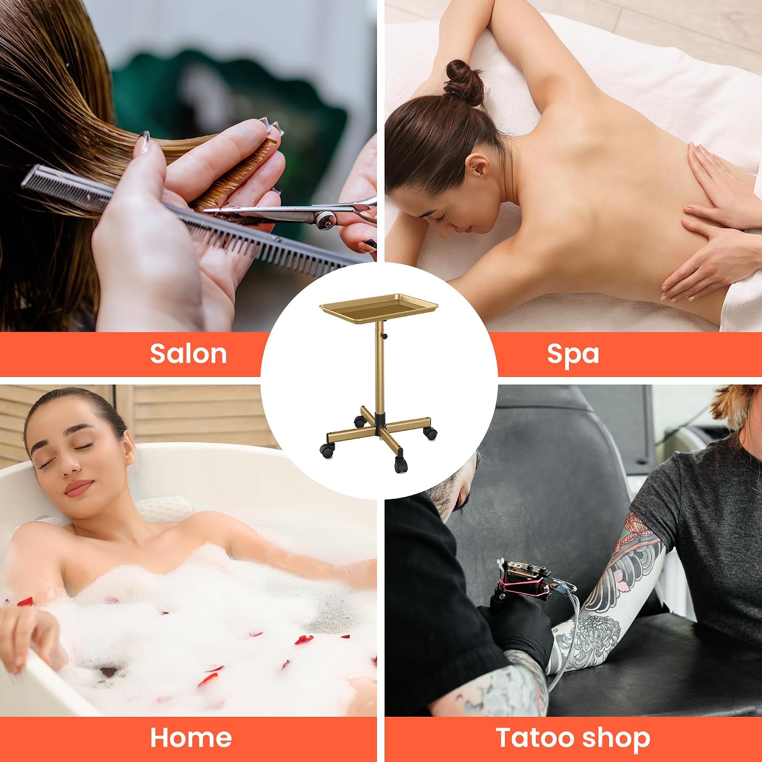 TASALON Rolling Salon Tray,Mobile Styling Station with Wheels Aluminum Rolling Tray Trolley for Salon Essentials, Adjustable Heightfor Hairstylist Tray with 10 PCS Disposable Salon Tray Cover,Gold