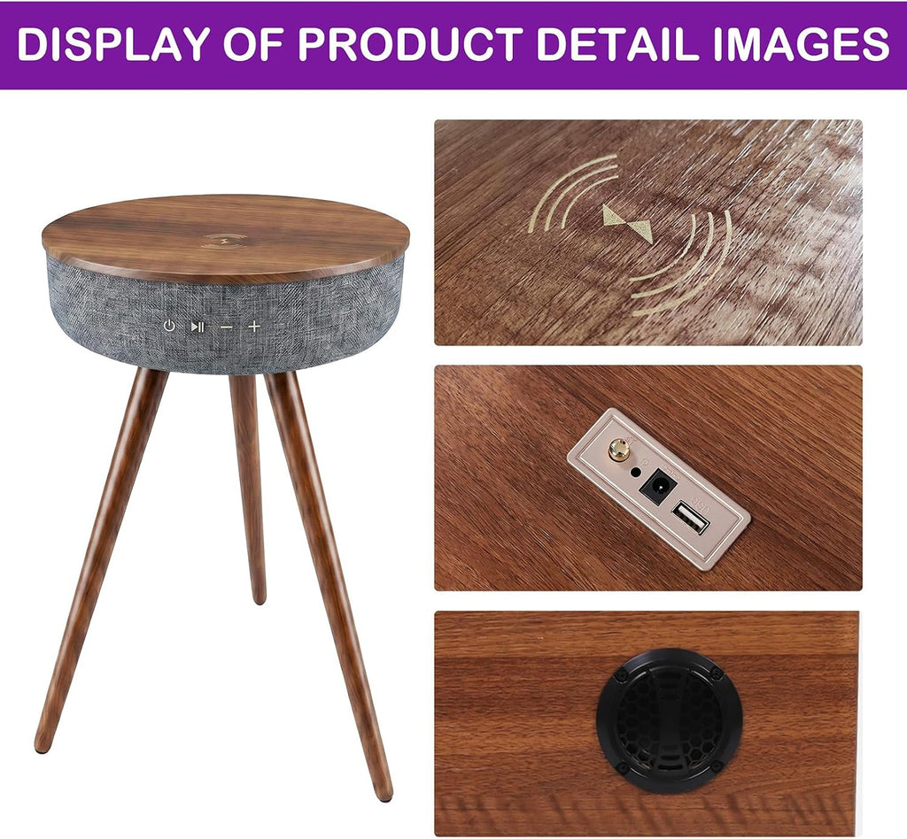 Smart Side Table with Wireless Charger, Modern Smart End Table with Speaker, 16" Coffee Table with USB Charging Port for Bedroom, Living Room, Office