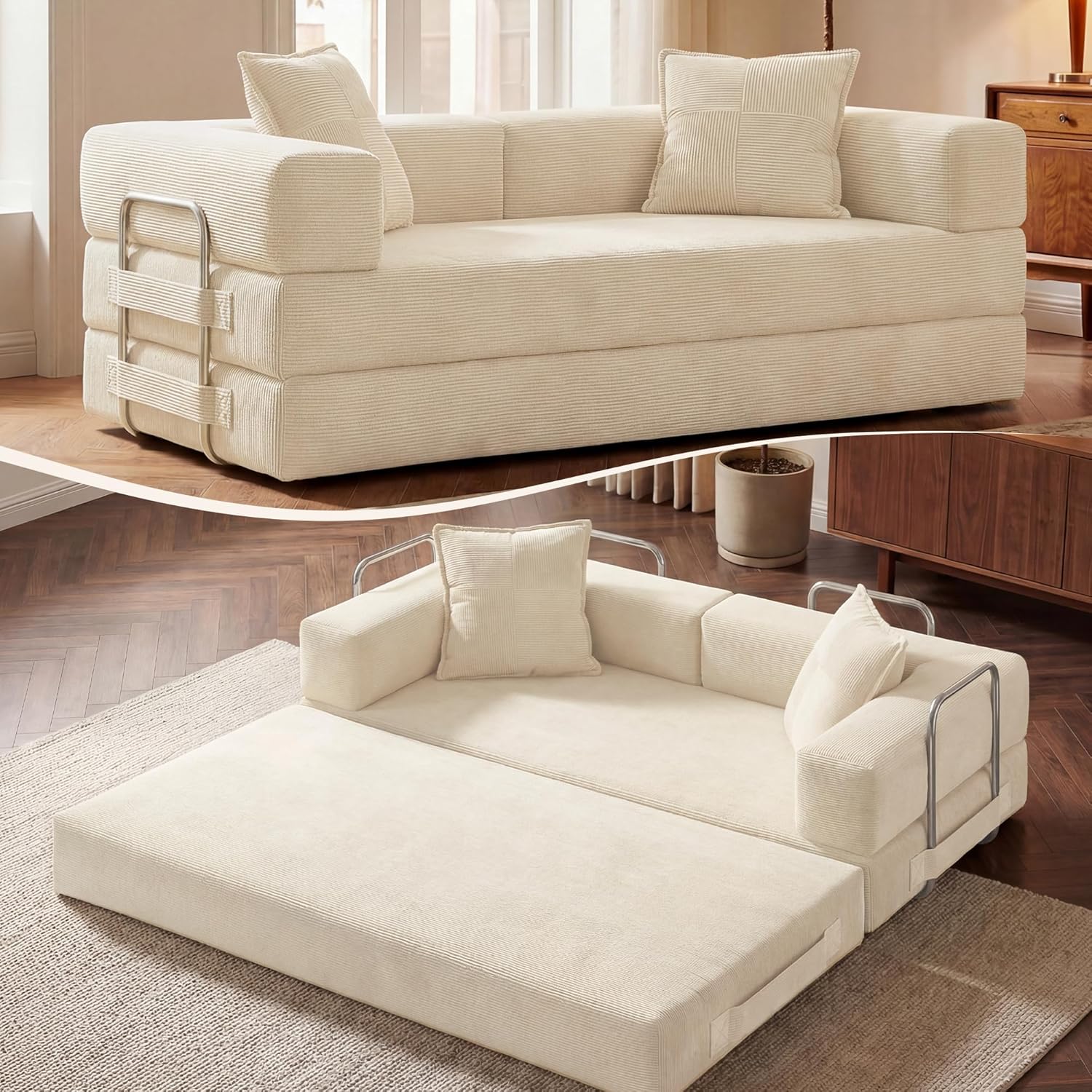 GRUSIGN 78 Inch Convertible Sofa Bed, 5-in-1 Futon Sofa Bed Pull Out Couch, Boneless Couch Bed for Living Room, Corduroy Boneless Couches for Bedroom, Apartment, No Assembly Sleeper Sofa Bed, Beige