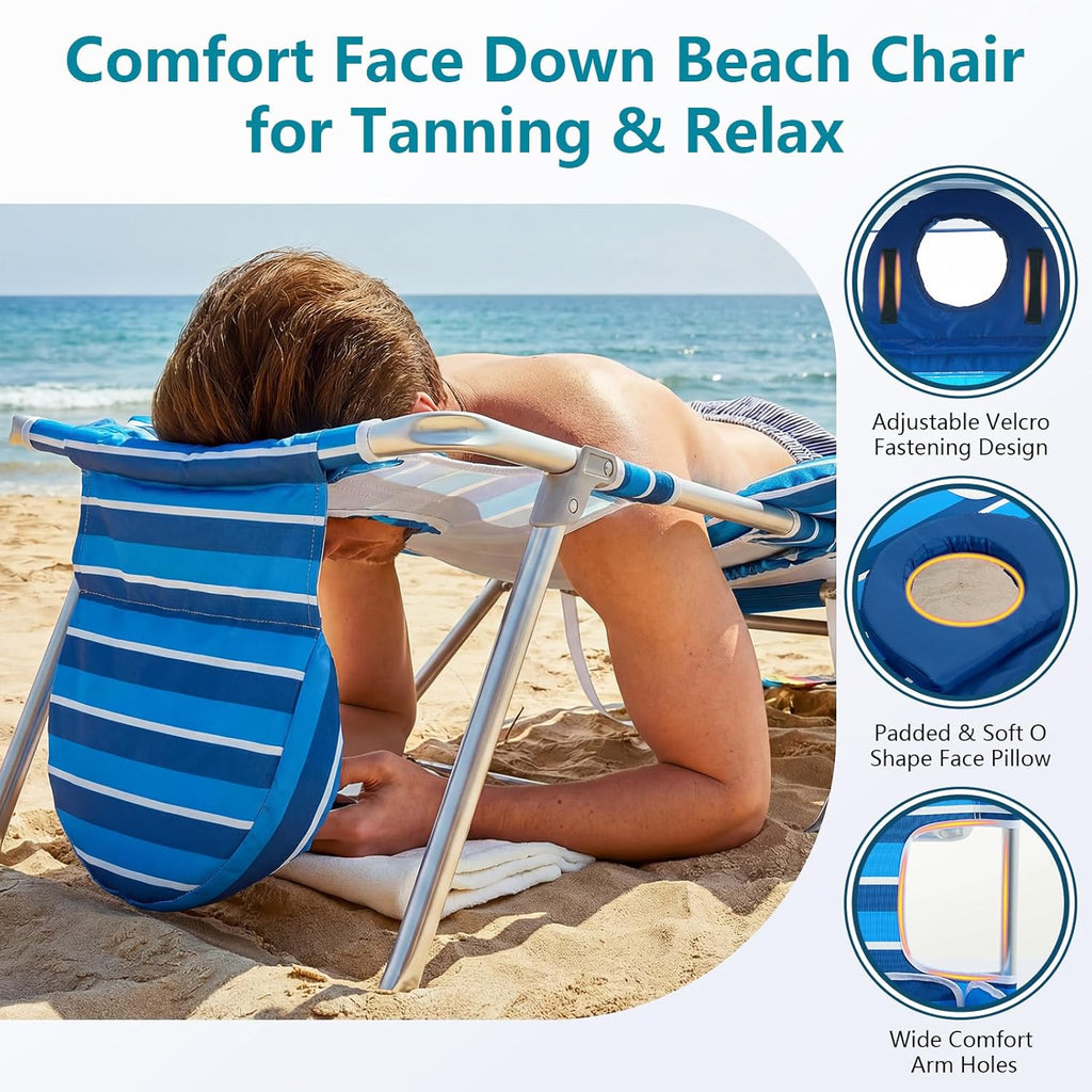 Backpack Beach Chair with Footrest, Double Shoulder Straps Folding Tanning Chair with Face & Arm Hole,Sunbathing Lounge Chair for Pool, Beach, Lawn (2Pcs, Standard)