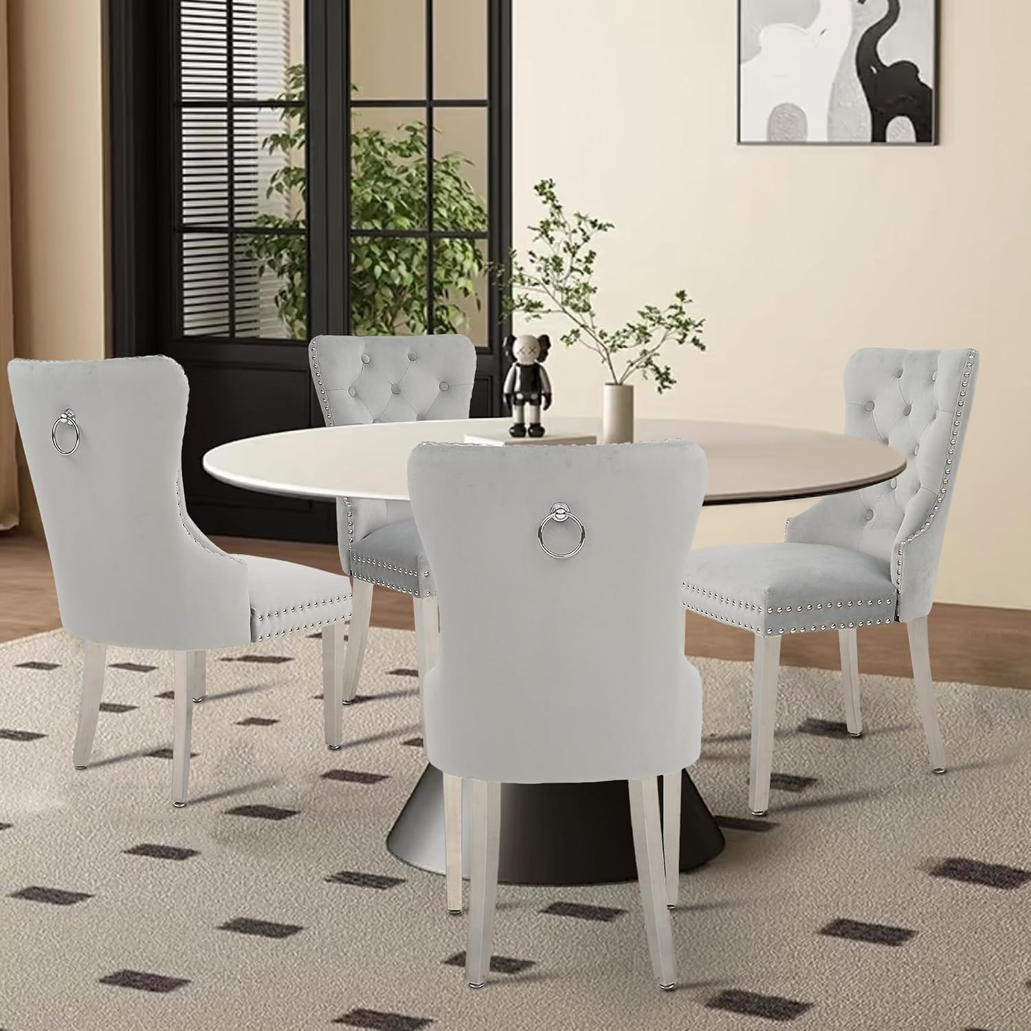 adochr Velvet Dining Chairs Set of 2, Tufted Upholstered Dining Room Chair with Pull Ring and Stainless Steel Legs, Kitchen Chairs 350 LBS Capacity, Light Grey