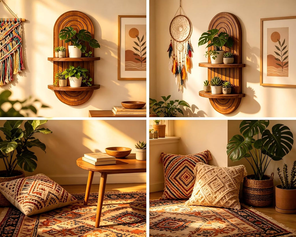 Boho Wall Shelf Decor Plant Wall Shelf Mid Century Modern Decor Hanging Plant Shelves, 2 Tier Wooden Art Floating Shelves for Home Bathroom Bedroom Living Room Planter