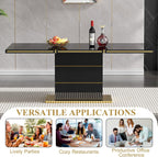 Luxury 70" Black High Gloss Rectangular Dining Table with 1.5" Thick Tabletop, Gold Accent Trims & Sturdy Pedestal Base, Elegant Modern Dining Table for 4-6 People, Kitchen & Dining Room Furniture