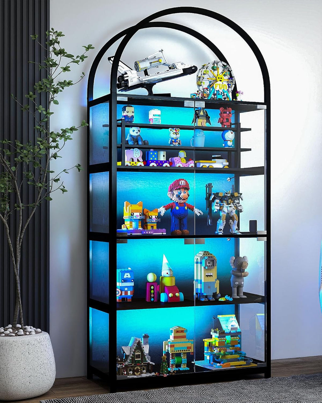 Display Arched Cabinet with Glass Doors, Curio Cabinet for Labubu Display 5-Tier Display Case with 7 Color RGB Lights for Collectibles, Display Cases for Book/Medal/Figure