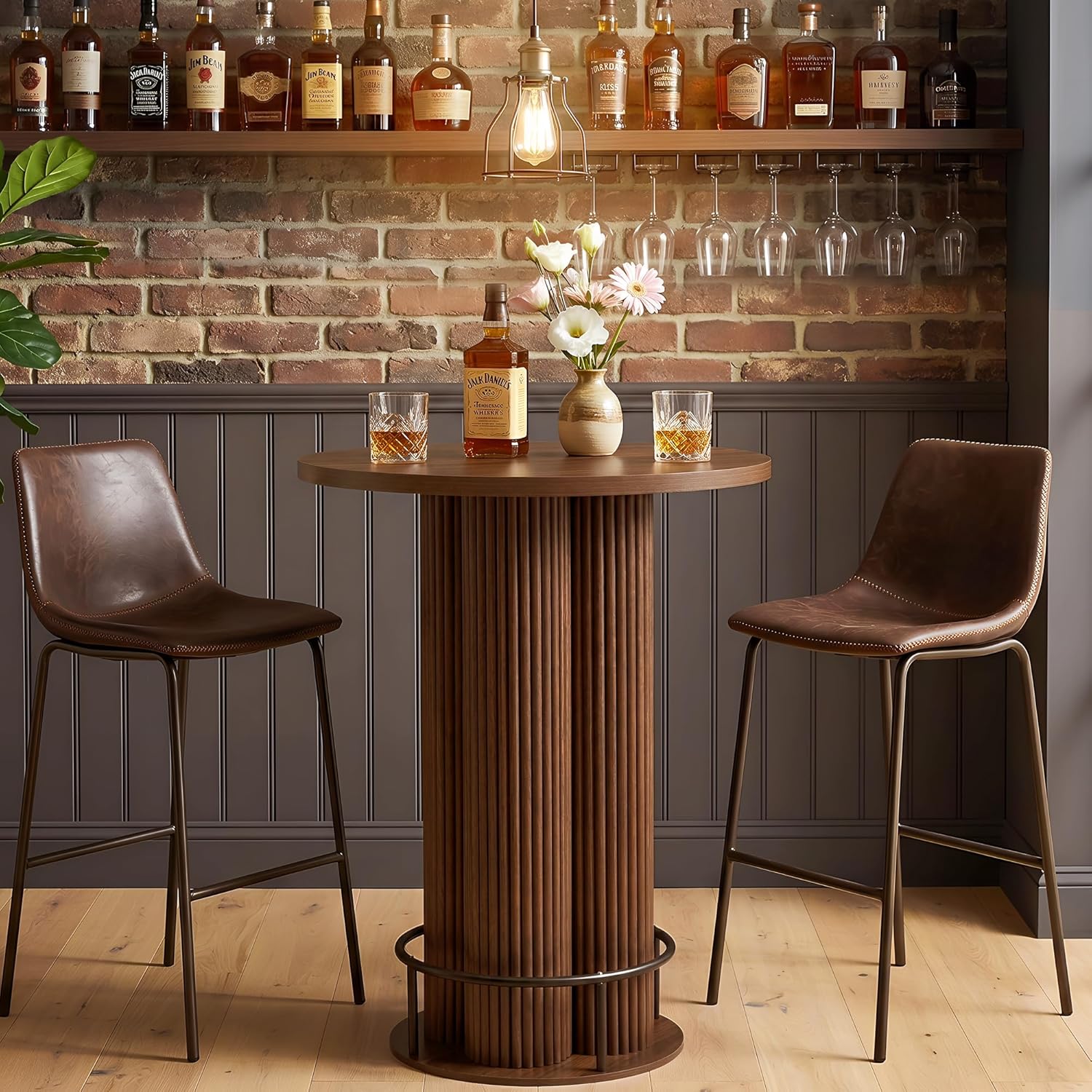 Bar Table, 39.37" H Round Bistro Table Fluted Pub Table with Base & Metal Ring Footrest Wood Cocktail Desk for Patio, Coffee House, Living Room, Kitchen, Small Space [Chairs Not Included]